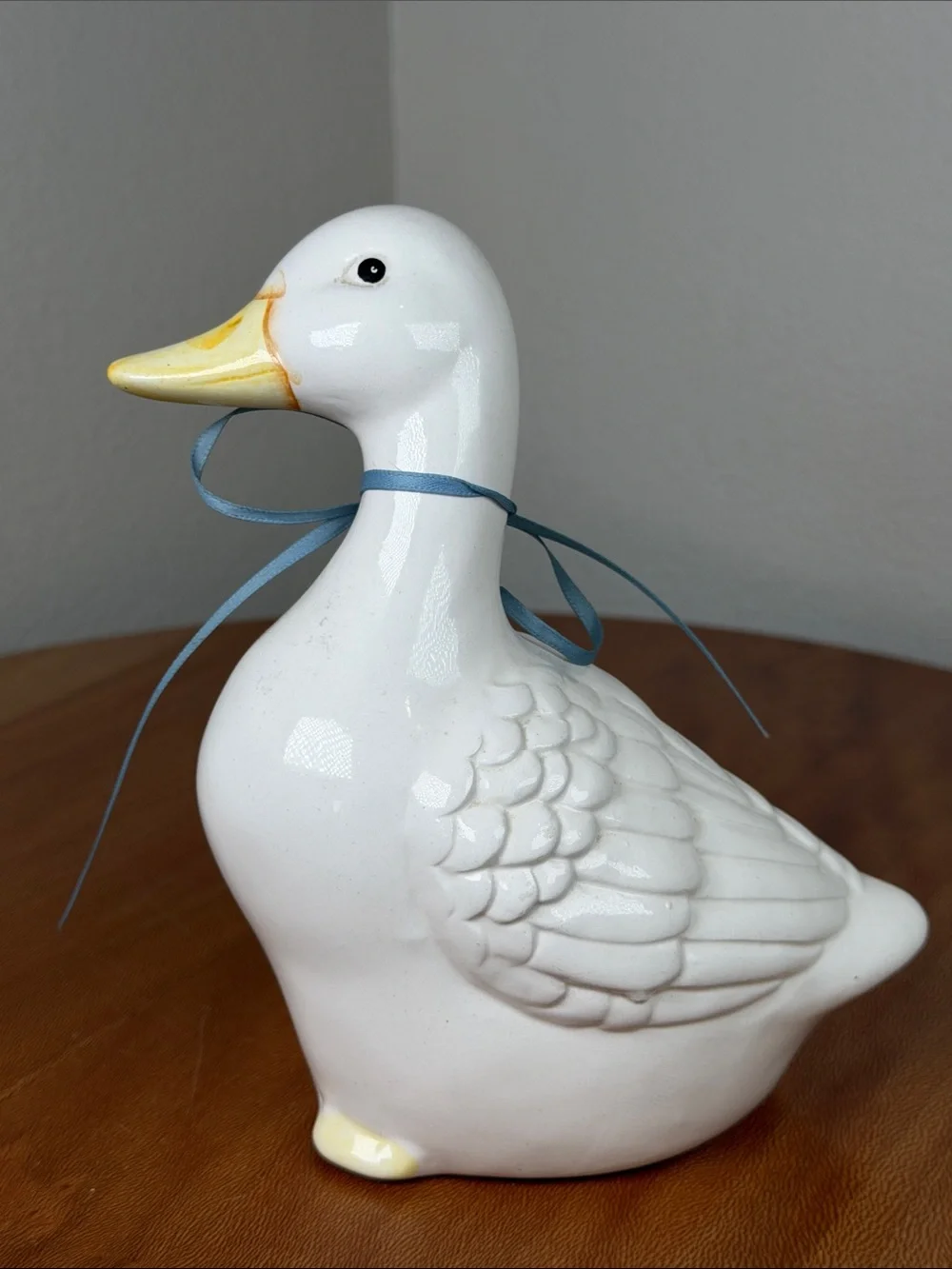 Vintage Hand Crafted Hand Made Ceramic Duck White Yellow Blue Bow Farmhouse